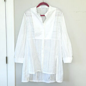 Noon by Noor White Blouse Size 14 Longline Textured Tunic Buttons Beach Cover